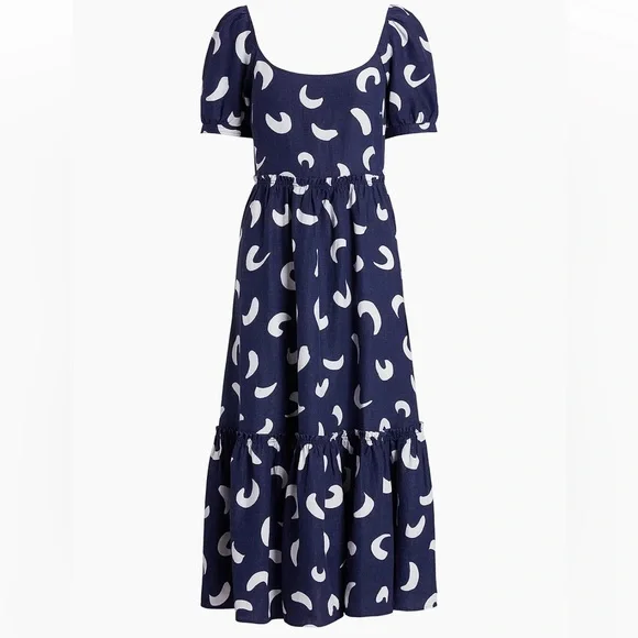 NWT Polo Ralph Lauren Brushstroke-Motif Tiered Blue White Linen Dress Size 18